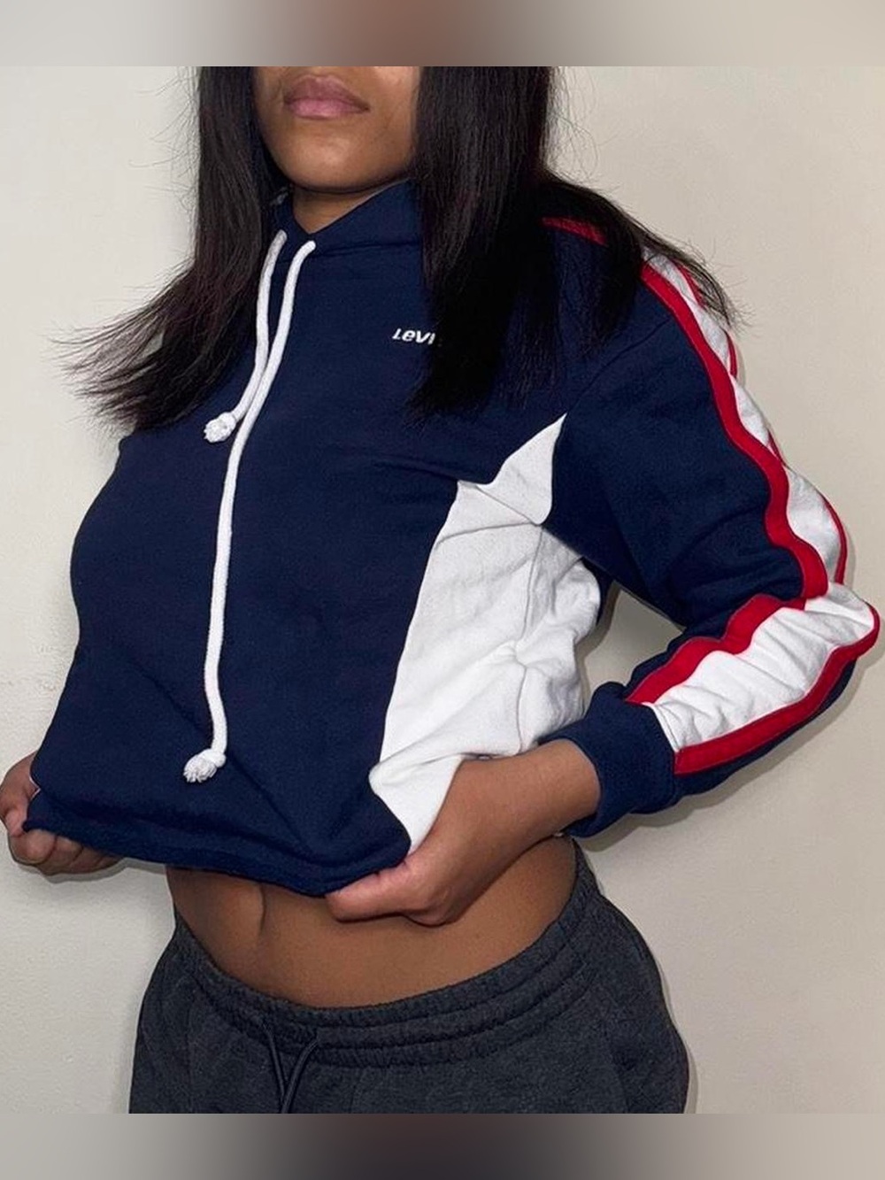 Levi's Navy Hoodie with White Panels and Red Stripe Detail